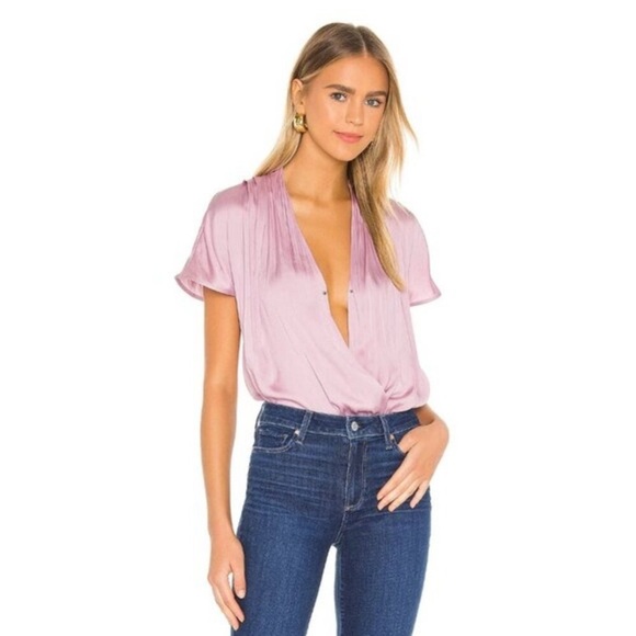 Paige Mauve Pink Solid Dijon Surplice Short Sleeve Bodysuit Size S - Picture 1 of 11